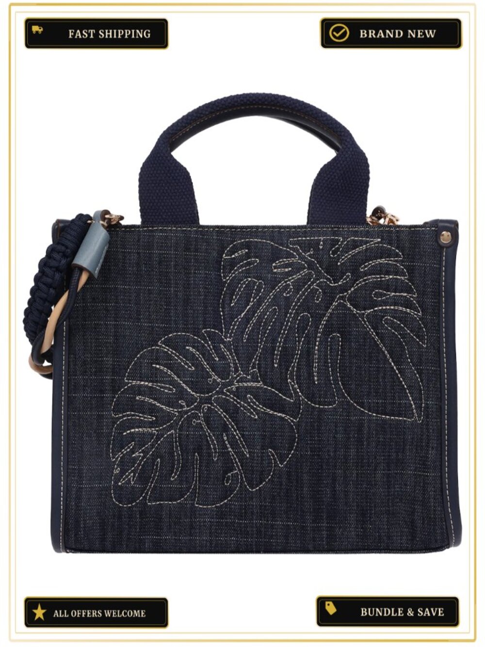Medium Denim Tote Bag Embroidered Leaf Convertible Crossbody